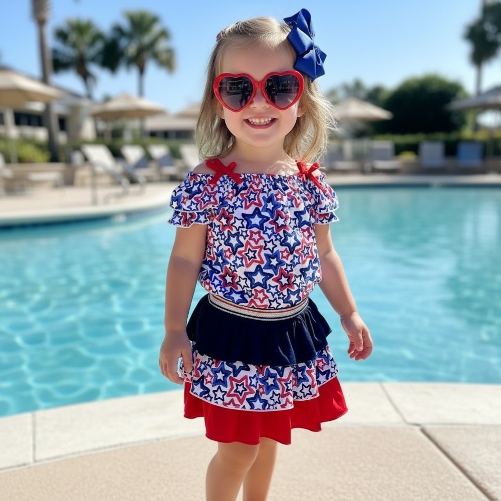 Patriotic Girls 2 Piece Set Stars Top and Tiered Ruffle Skirt Red White Blue NWT